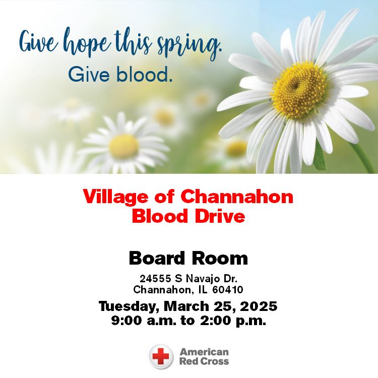 Flyer advertising a blood drive at Village Hall on 3/25/25