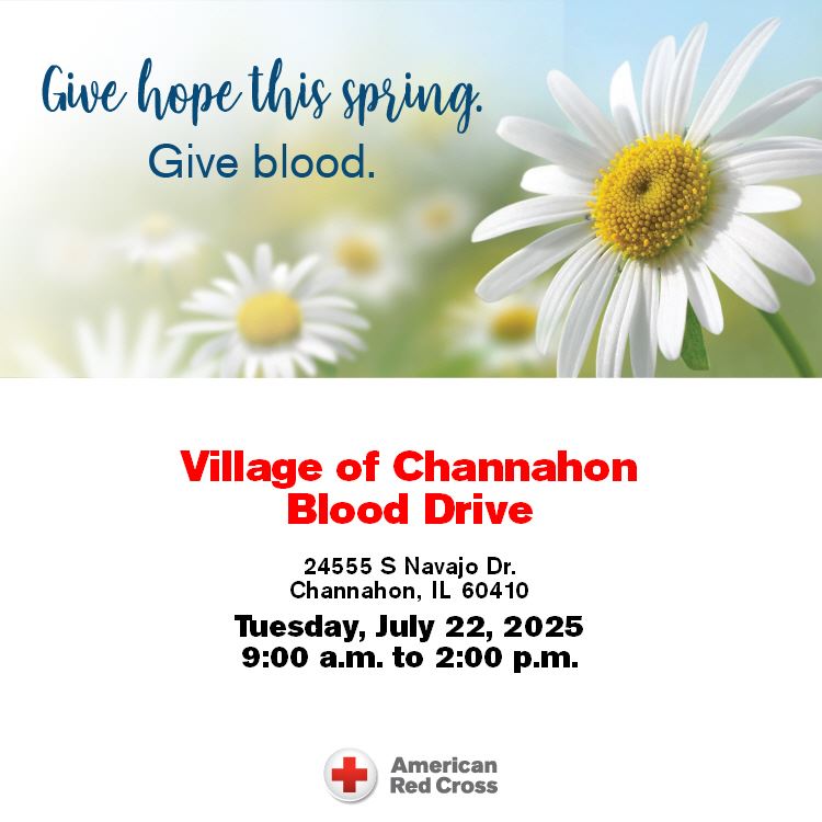 Flyer advertising blood drive at Village Hall on 7/22/25.