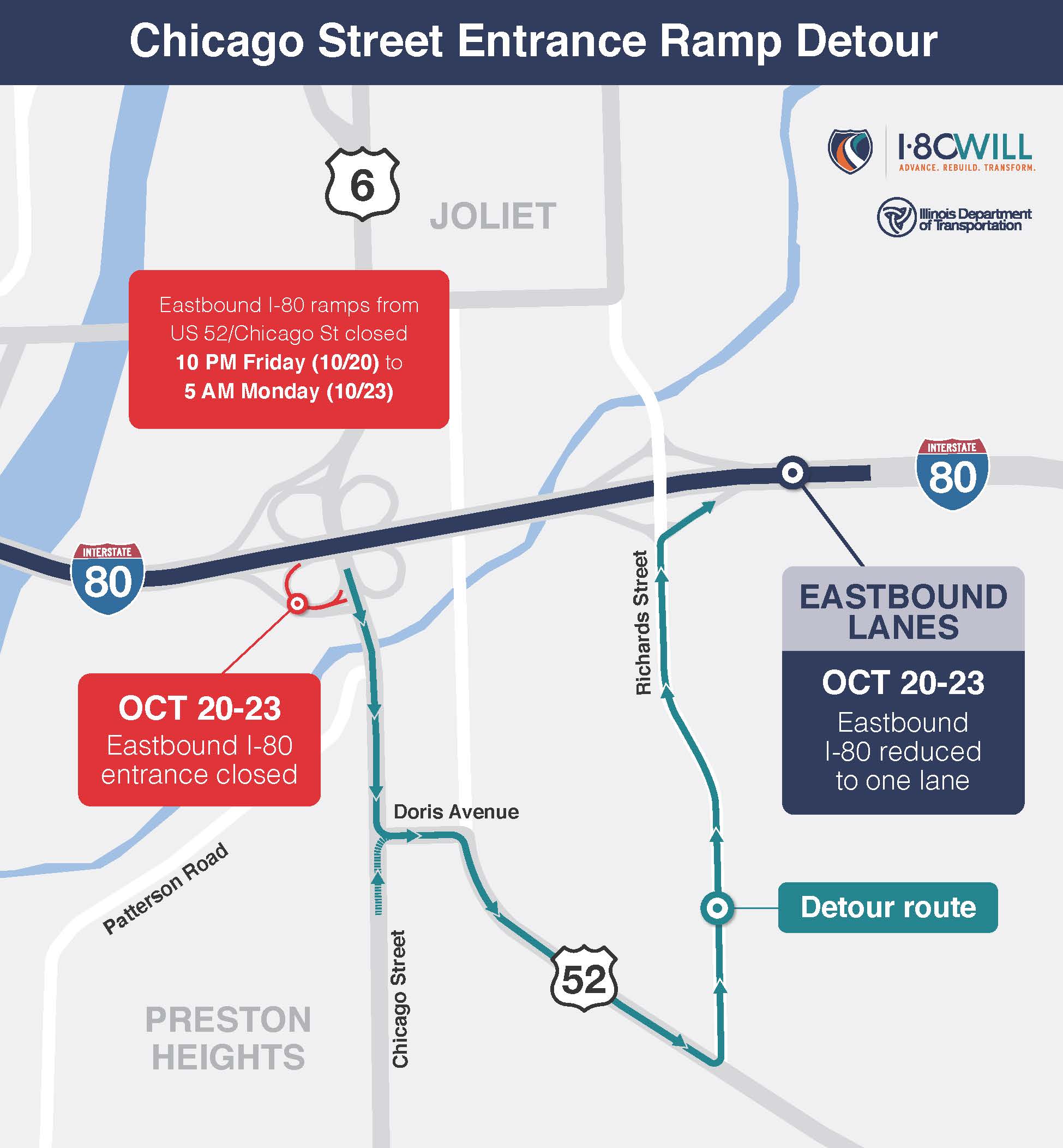 Map depicting lane closure detours for I-80 in Joliet from 10/20/23 through 10/23/23.