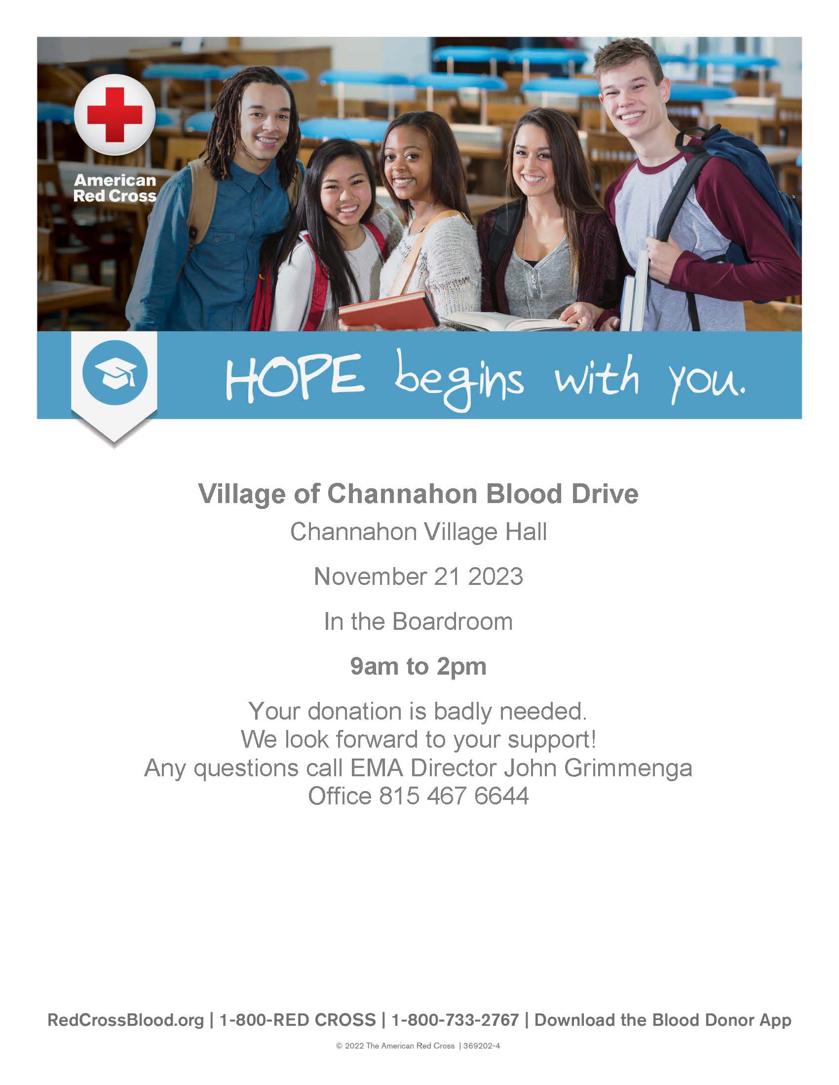 Poster advertising blood drive being held at Village Hall on 11/21/23 from 9A-2P.
