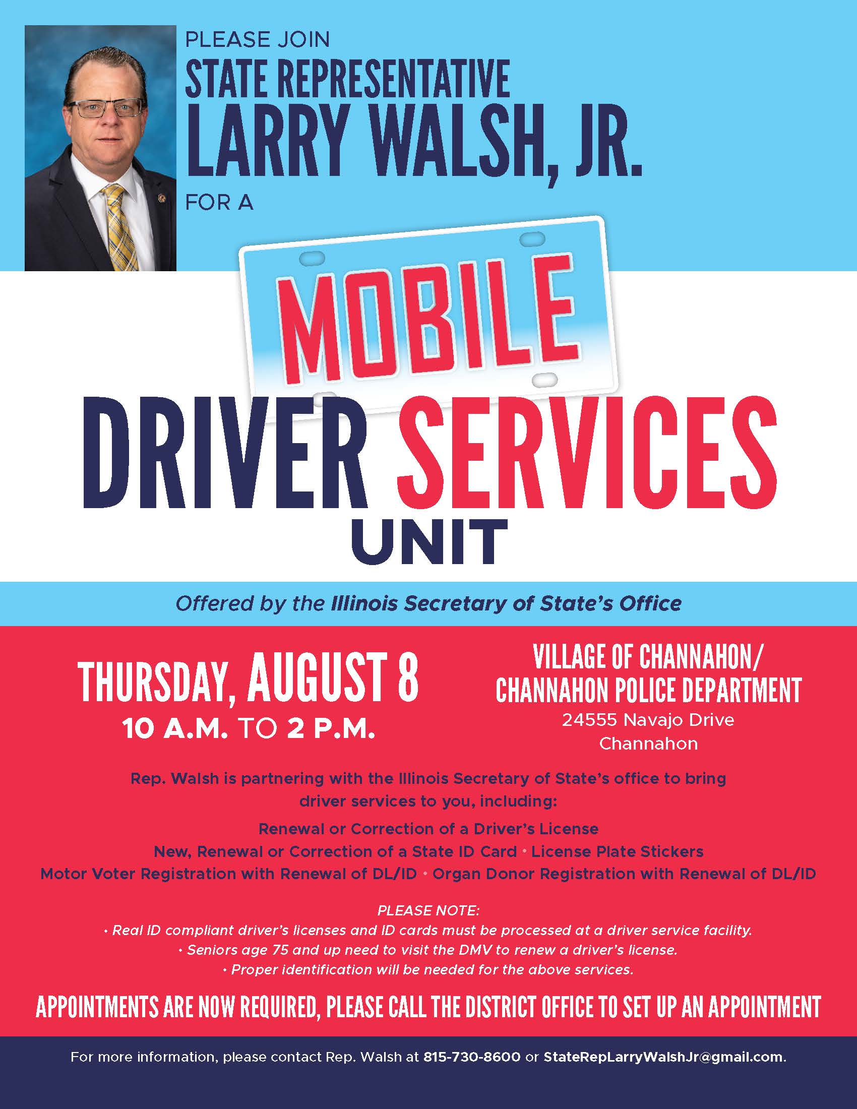Flier advertising Rep. Walsh Mobile Secretary of State event on 8/8/24 at Village Hall.