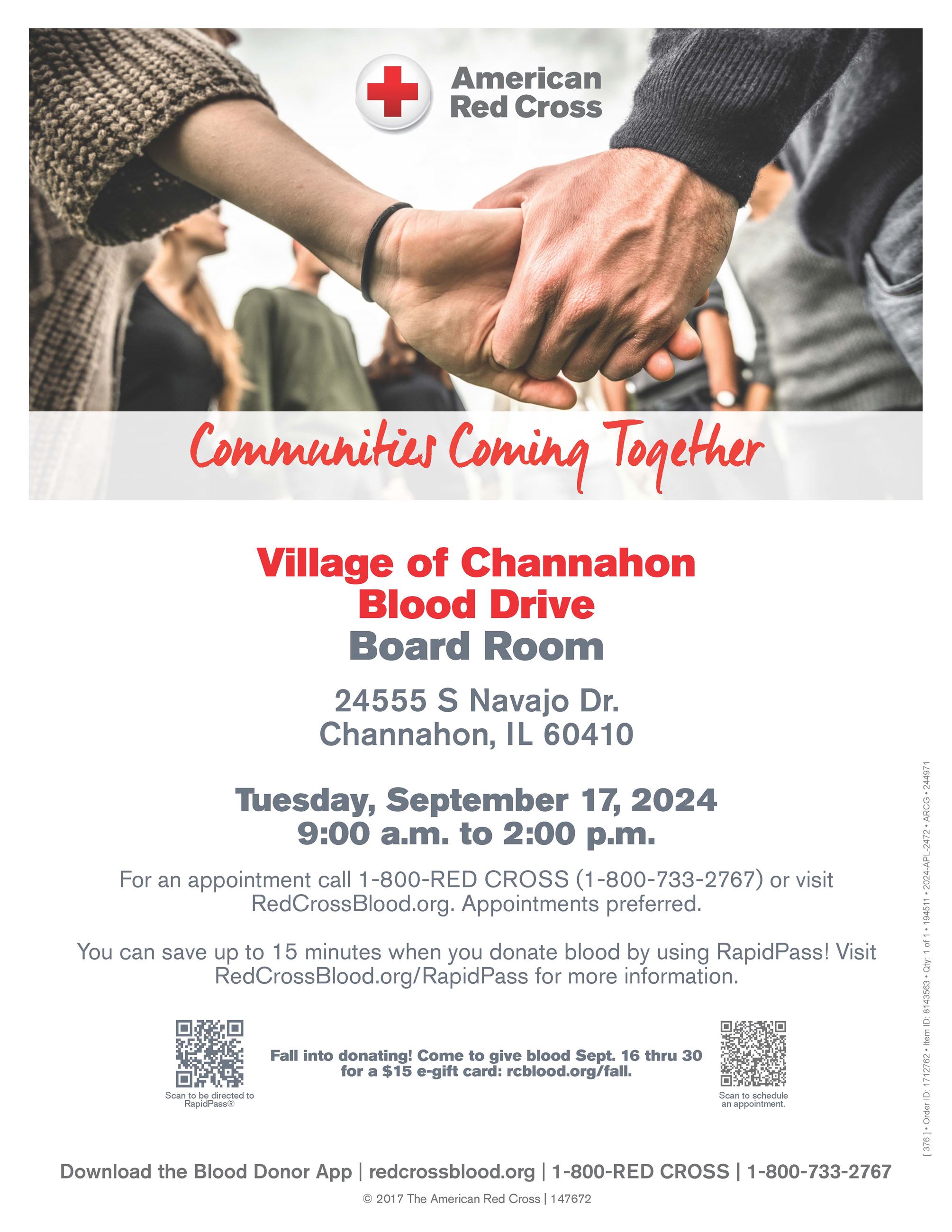 Flyer advertising 09/17/2024 blood drive at Village Hall
