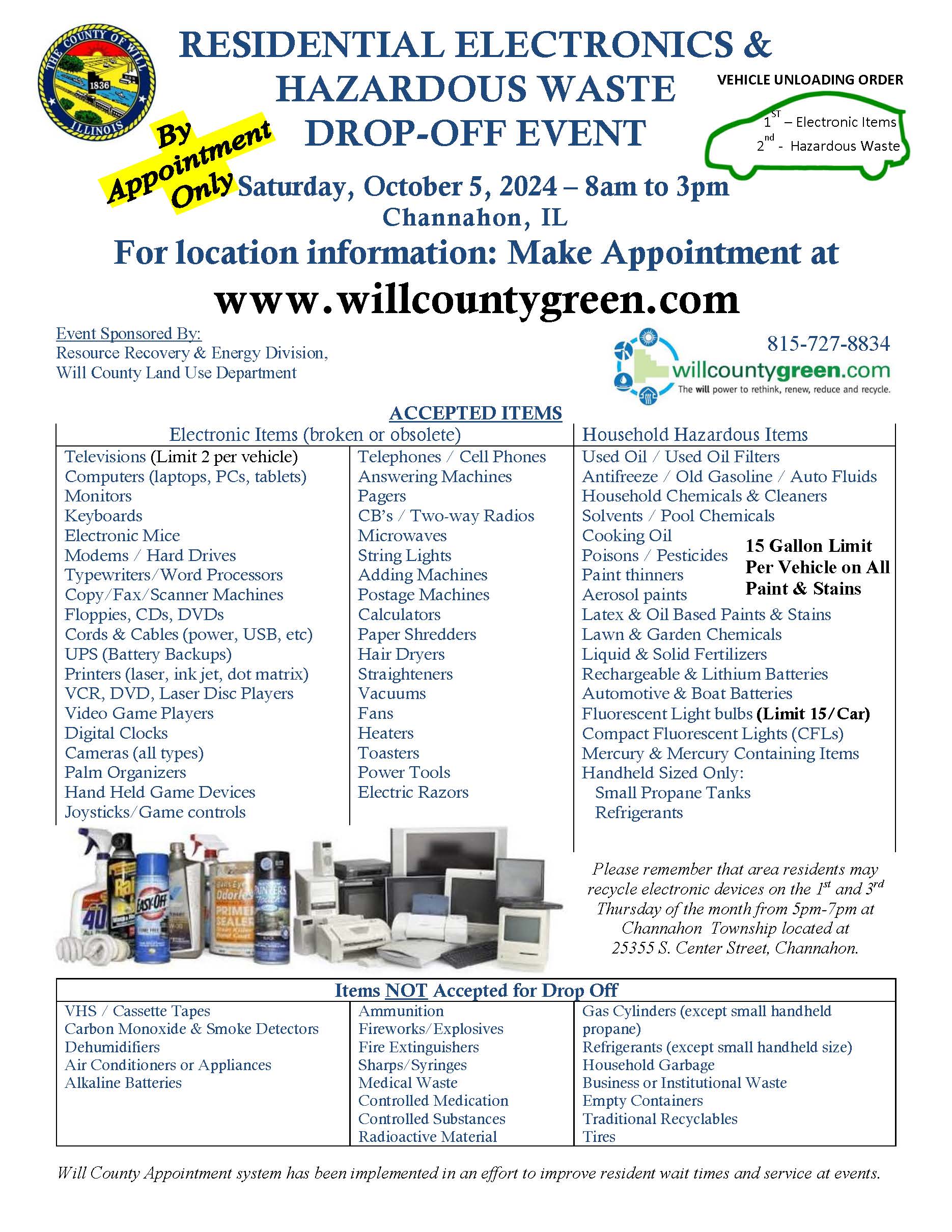 Flyer advertising electronics & household hazardous waste collection event hosted by Will Co. Green