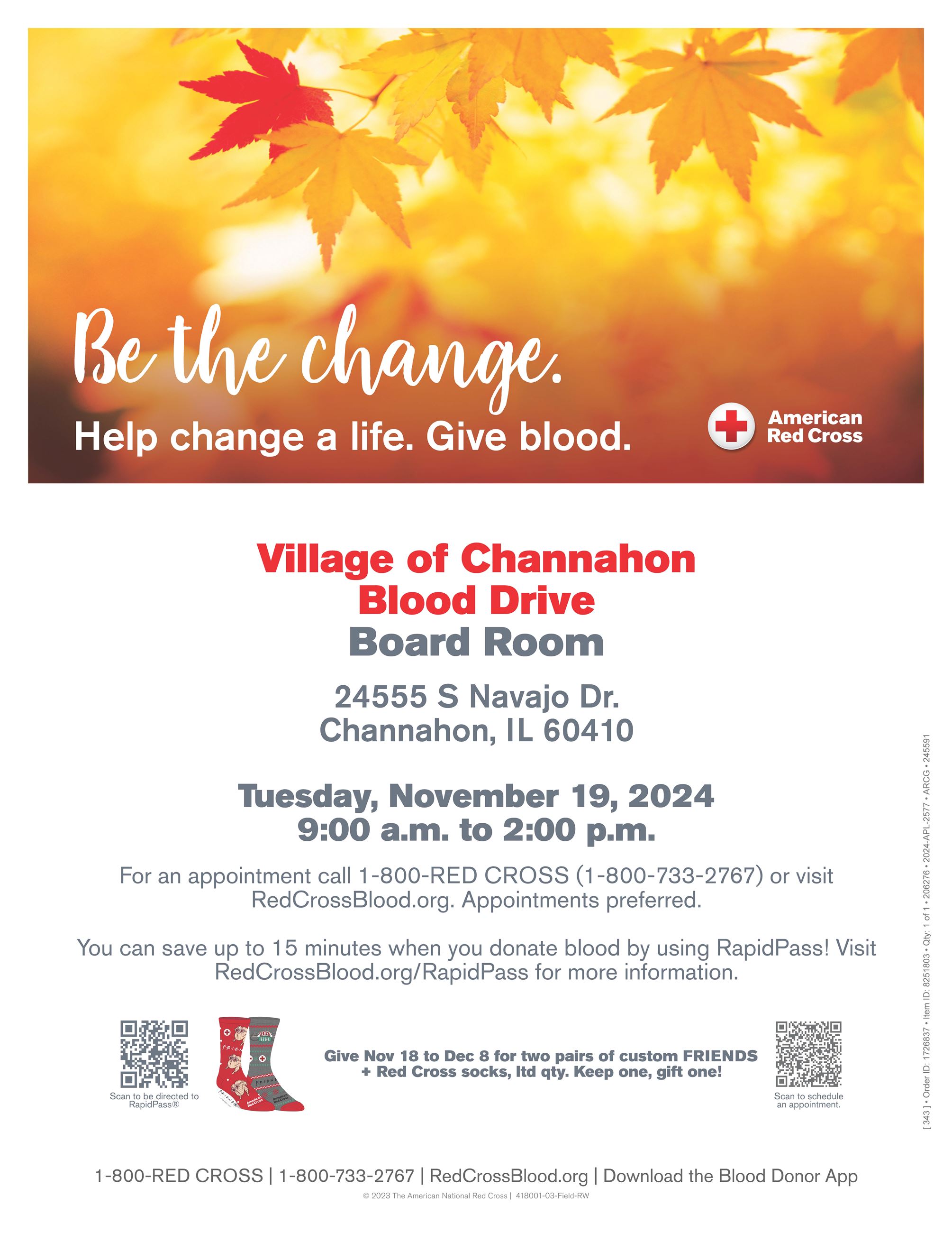 Flyer advertising blood drive at Village Hall on 11/19/2024