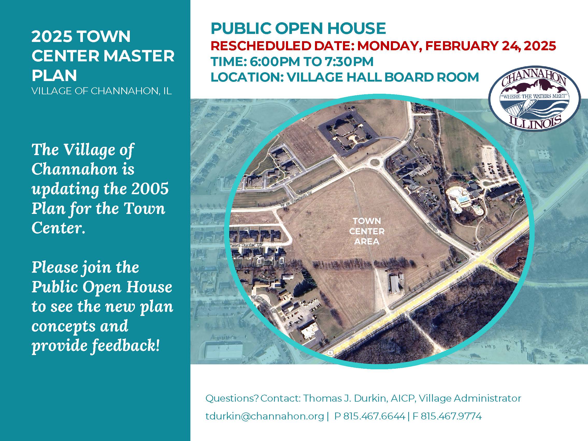 Flyer advertising 2025 Town Center Master Plan open house on February 12, 2025 from 6-7:30 p.m.