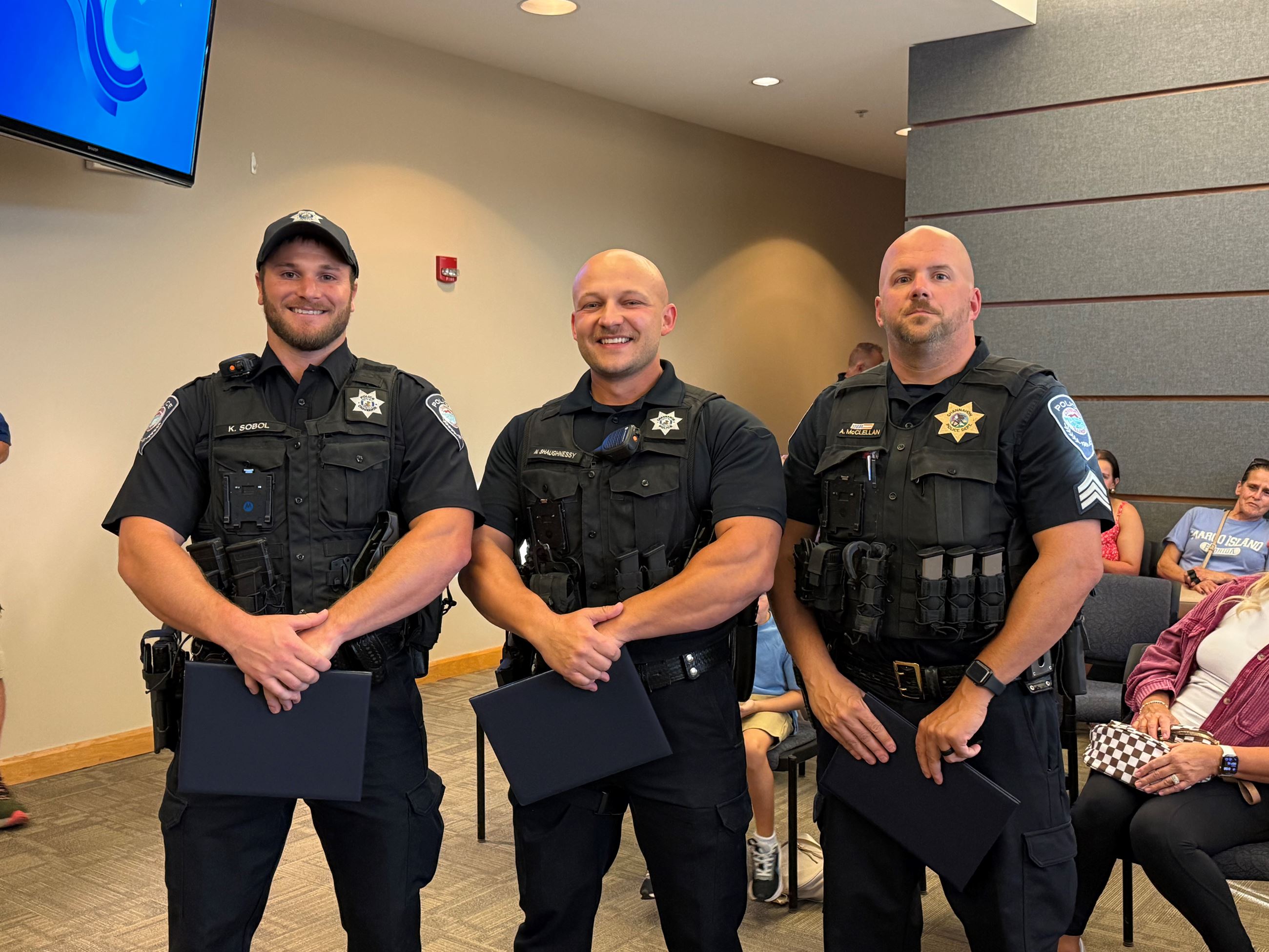 Sgt. McClellan and Ofcs. Shaughnessy & Sobol receiving 2025 lifesaving awards