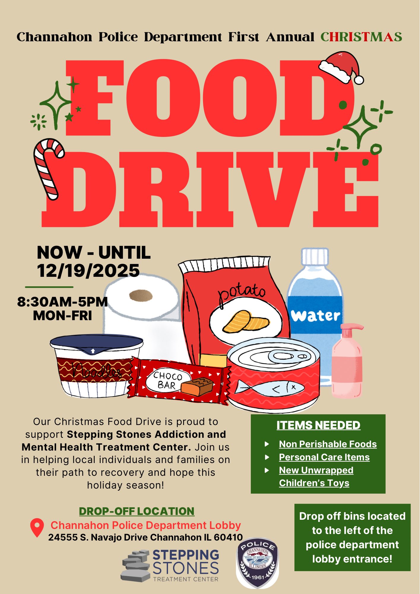 Flyer advertising the Channahon Police Department's first annual holiday food drive.